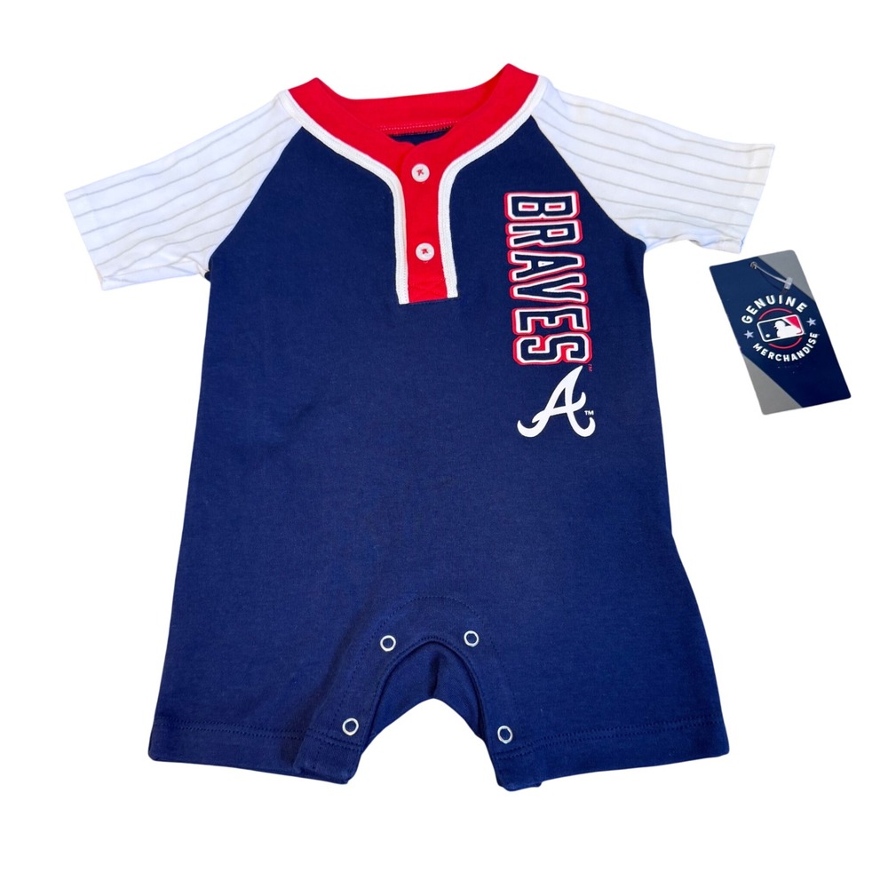 NWT Atlanta Braves Infant Size 12 Months Romper 100% Cotton Baseball Navy Red